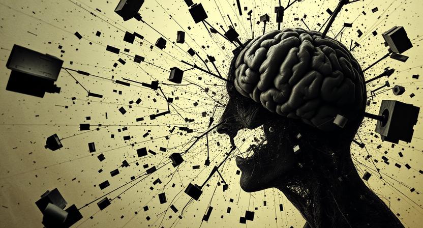 Illustration of a human brain overwhelmed and saturating from an overload of information and continuous data streams