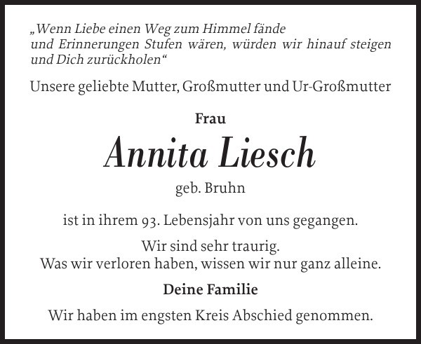 Traueranzeig Annita Liesch