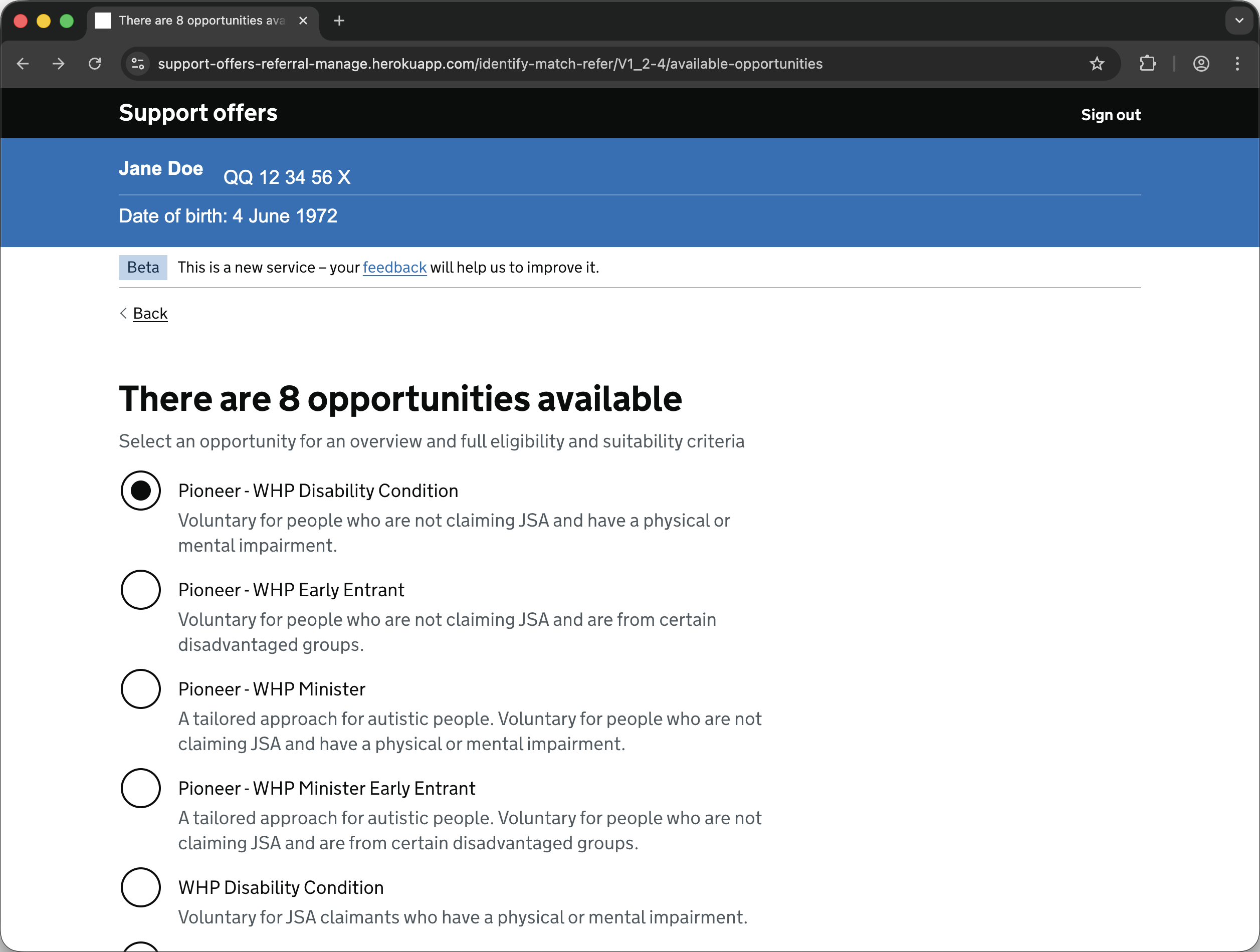 Screenshot of opportunity selection.
