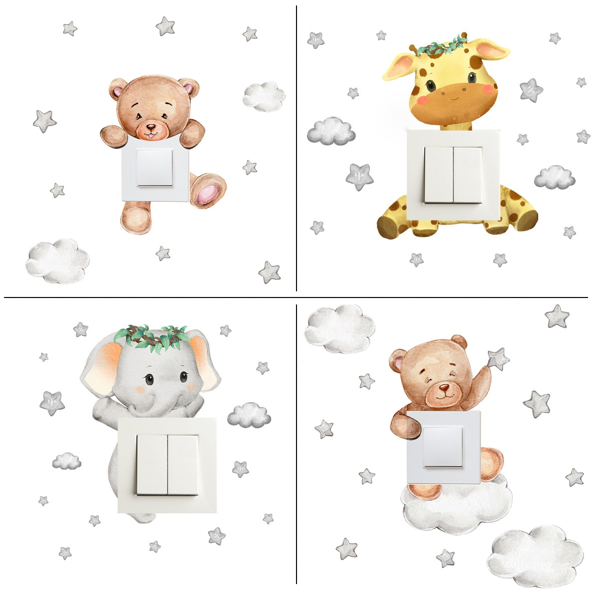 Set 4 Stickere Autocolante, Decorative Cartoon Animal pentru intrerupator sau priza
