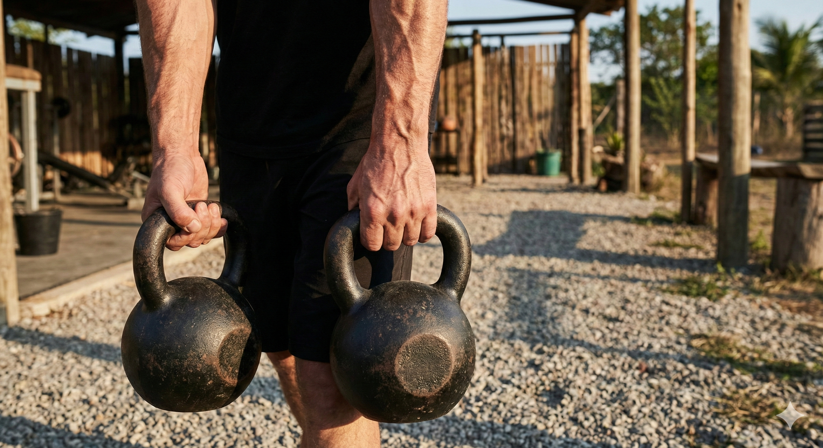 Hombre cargando dos kettlebells en el campo haciendo el paseo del granjero