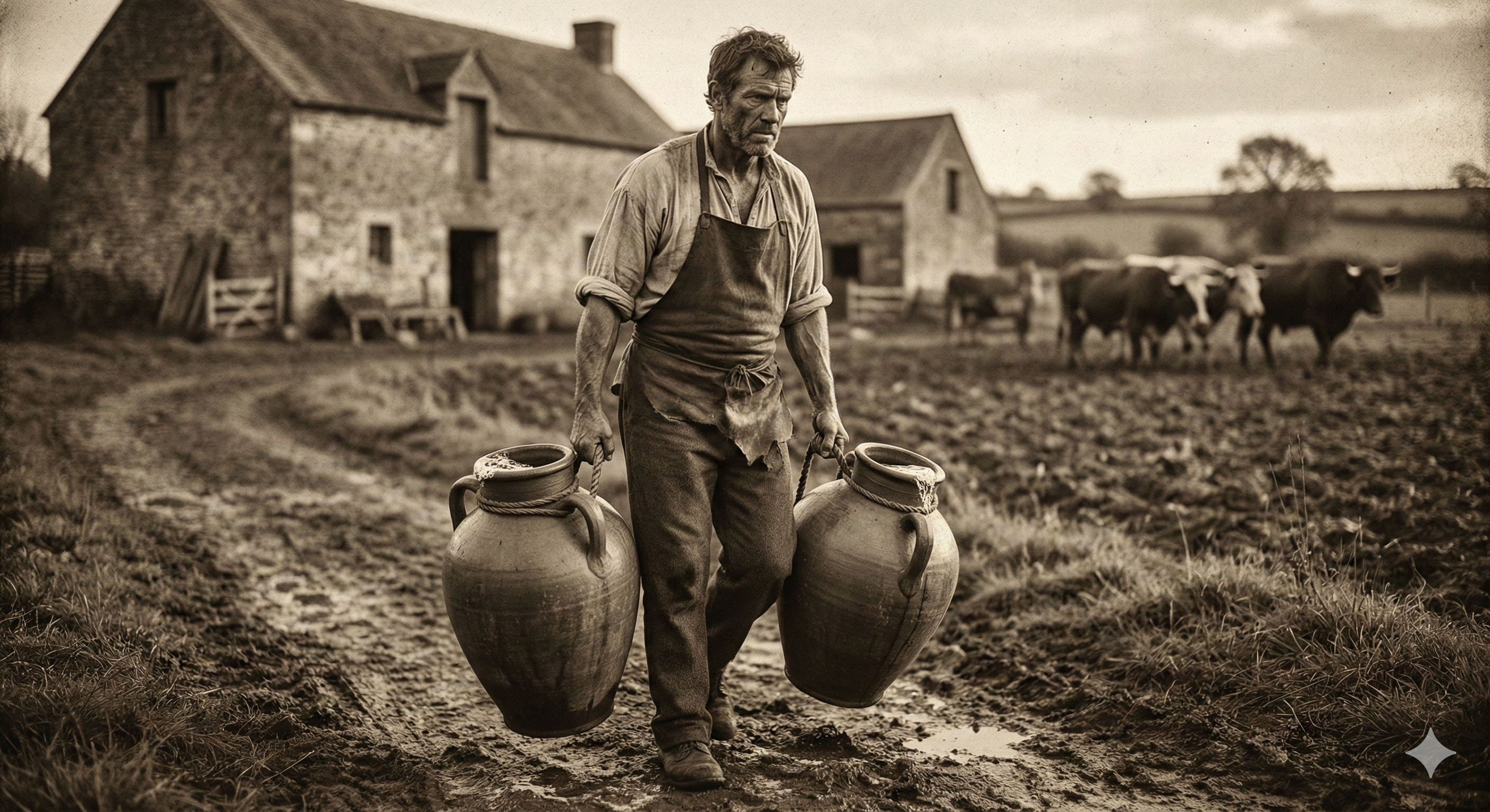 Imagen antigua de un granjero cargando dos tinajas enormes, origen del concepto de carga en el paseo del granjero