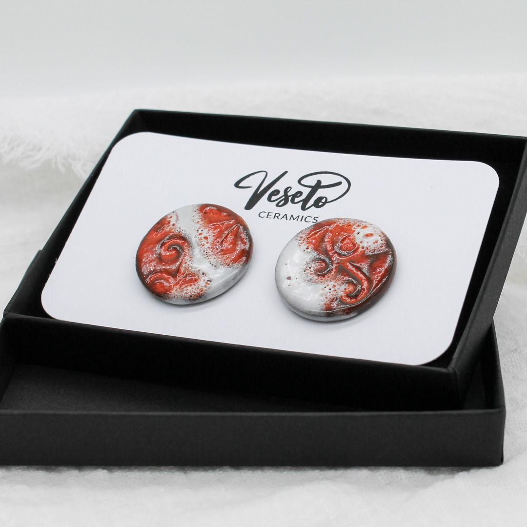 Frosty Crimson Ceramic Earrings (Clips) - handcrafted by Veseto.Ceramics