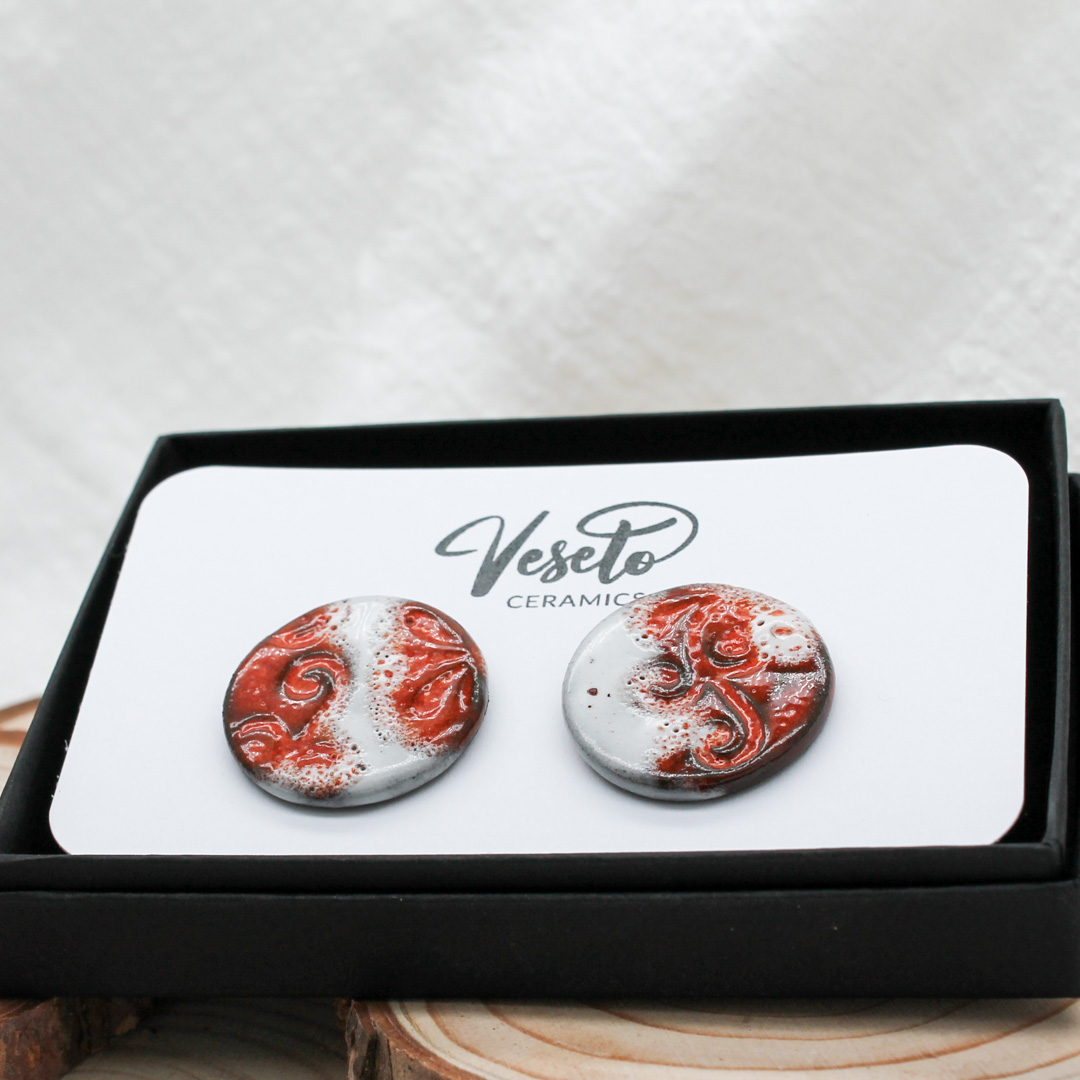 Frosty Crimson Ceramic Earrings (Clips) - handcrafted by Veseto.Ceramics