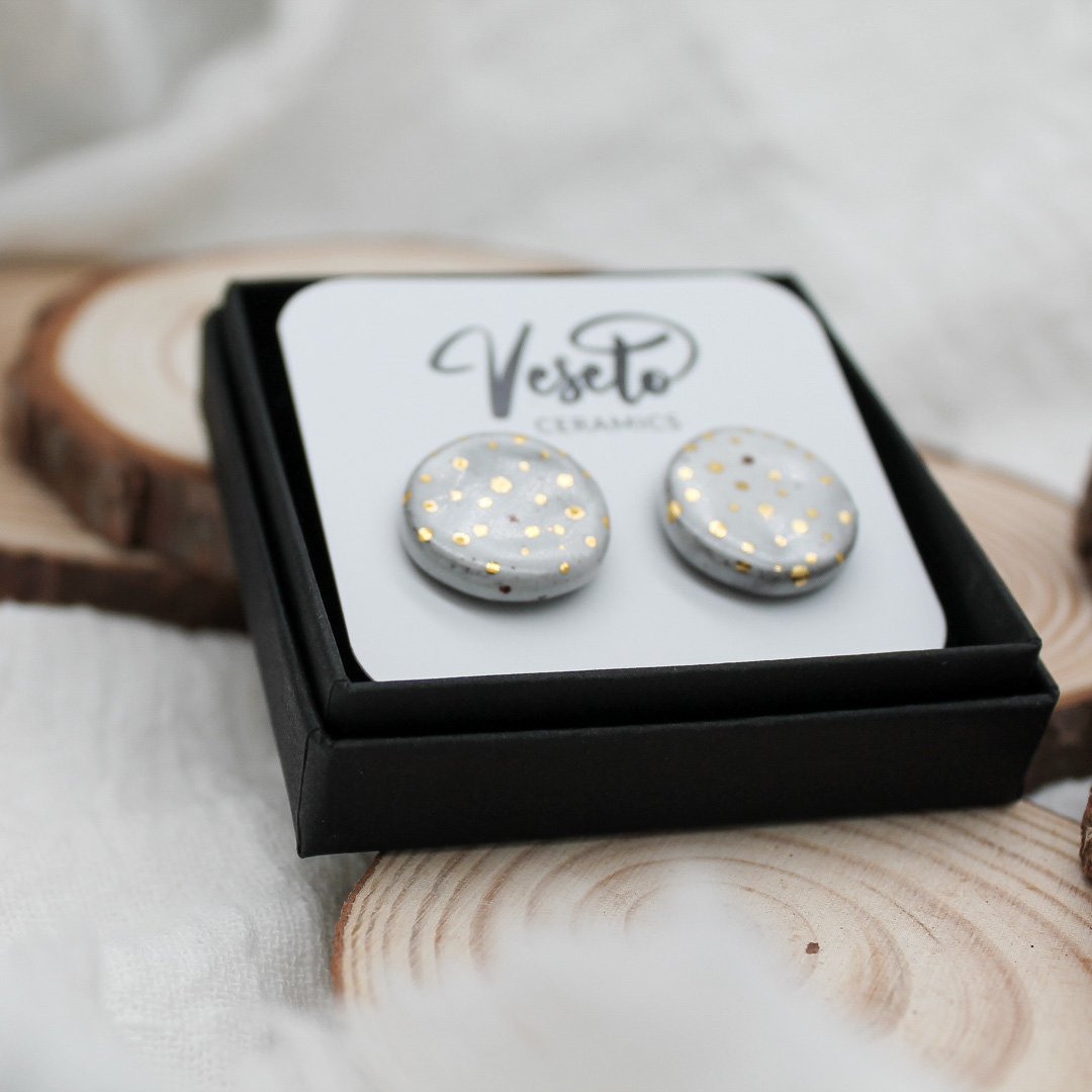 Goldy Dots Ivory Ceramic Earrings - handcrafted by Veseto.Ceramics