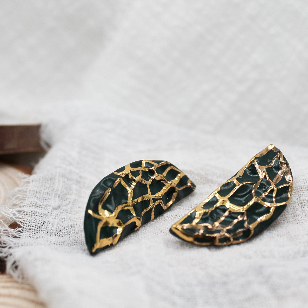 Green Golden Lace Ceramic Earrings - handcrafted by Veseto.Ceramics
