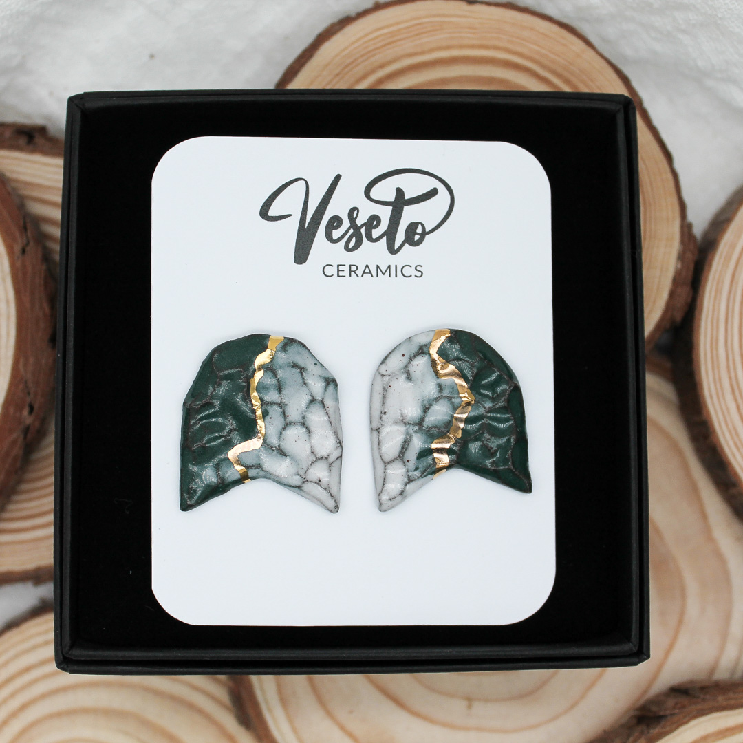 Green Mermaid Ivory Ceramic Earrings - handcrafted by Veseto.Ceramics
