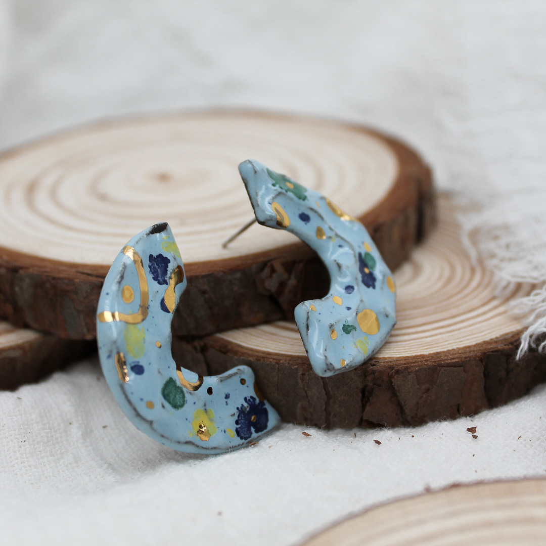 Ivory Skyblue Moons Ceramic Earrings - handcrafted by Veseto.Ceramics