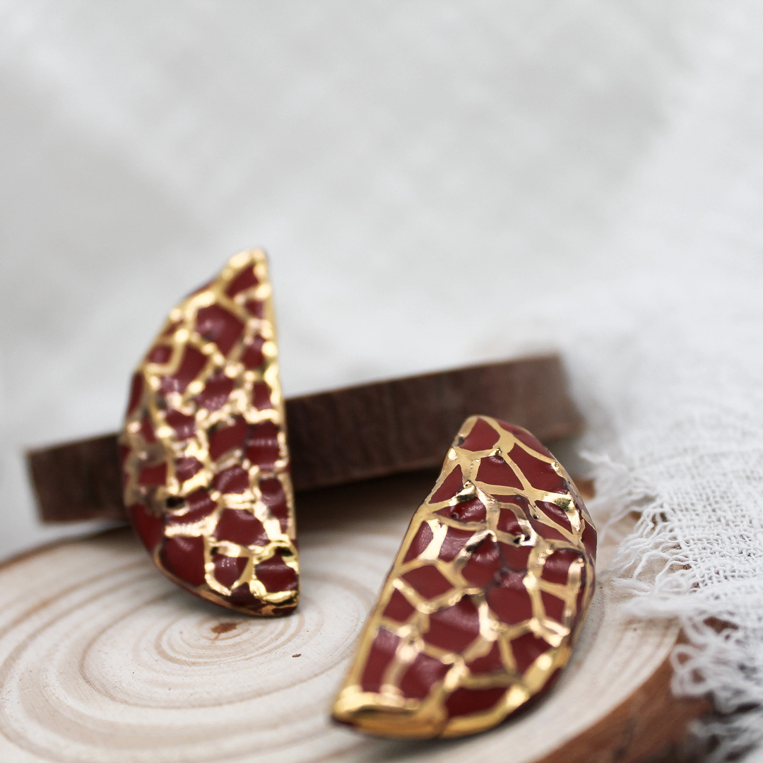 Red Golden Lace Ceramic Earrings - handcrafted by Veseto.Ceramics