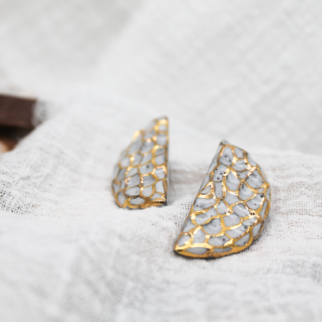 White Golden Lace Ceramic Earrings - handcrafted by Veseto.Ceramics