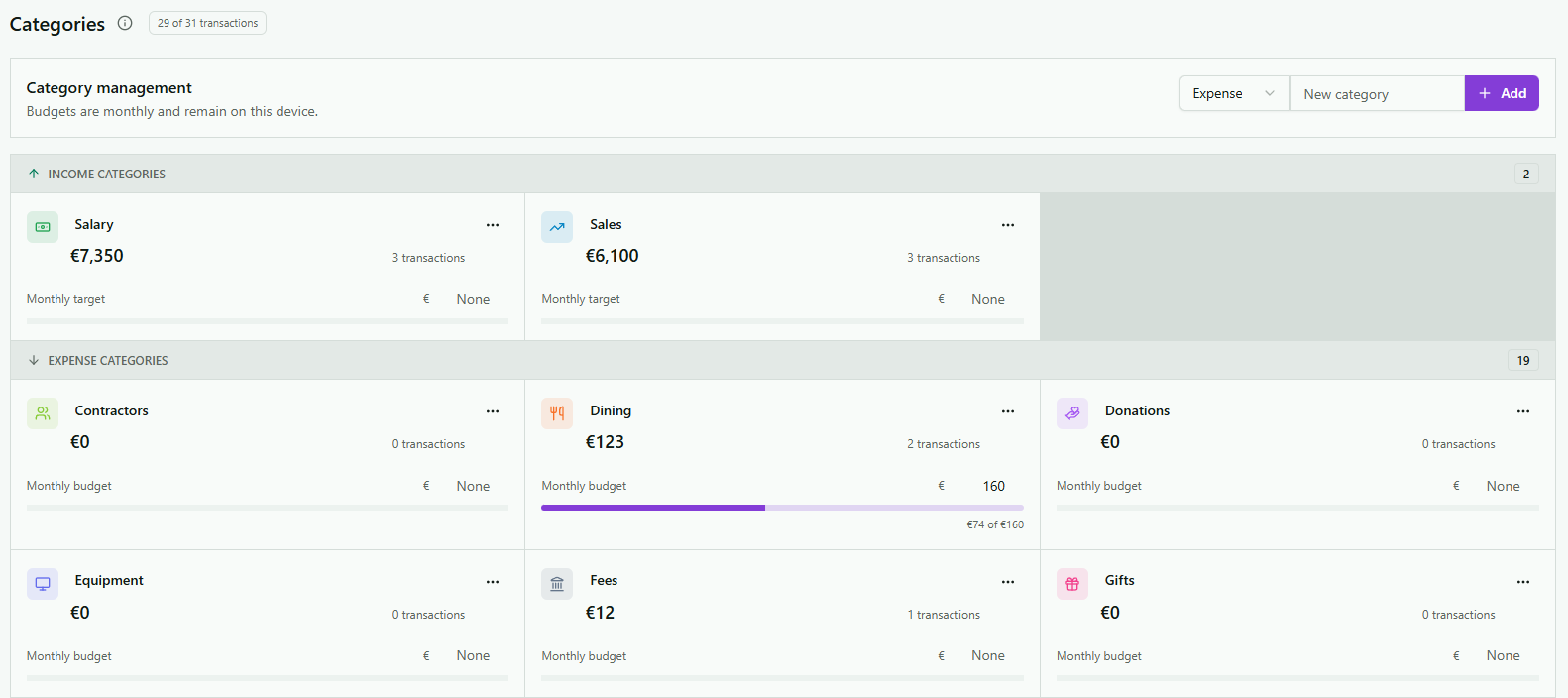 PiggyPank category management with monthly budgets and targets