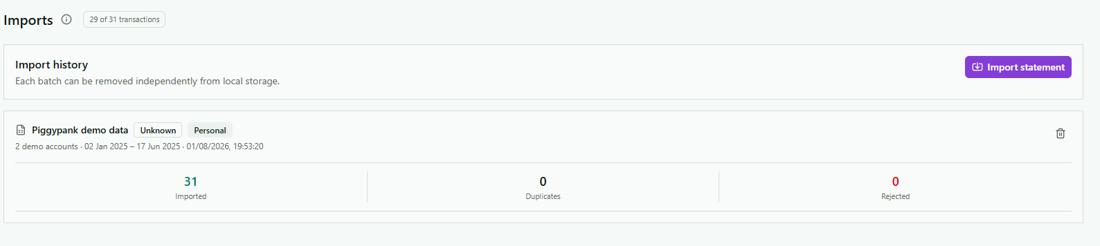 PiggyPank statement import history with imported and duplicate totals