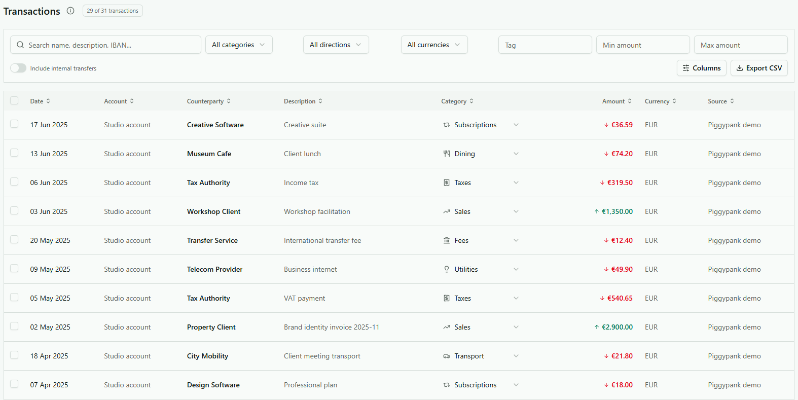 PiggyPank transaction list with search and financial filters