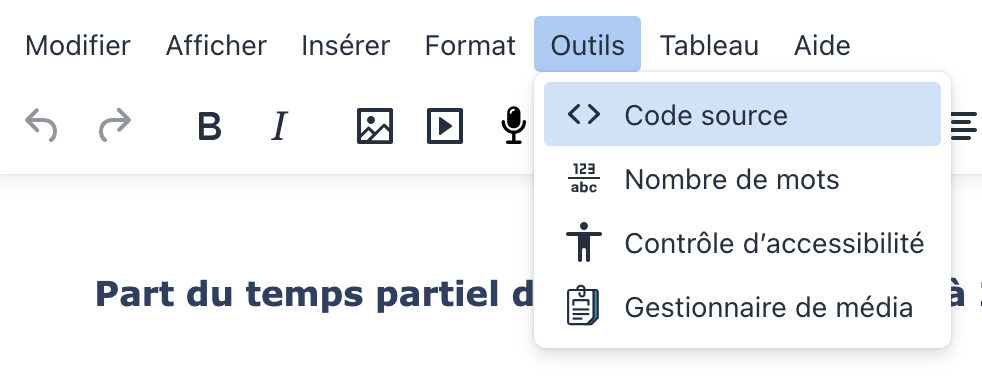 Éditeur TinyMCE - Accès au code source via le menu "Outils" > "<> Code source"