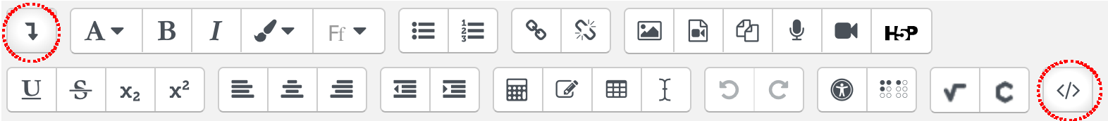Éditeur Atto - Bouton ↳ pour étendre la barre d'outils et icône <> pour accéder au code source