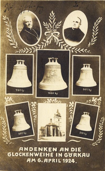 Lieber Arthur und Frida, hier schicke ich dir die Görkauer Glocken. Die große ist geweiht für die verstorbenen Soldaten im Weltkriege. Die eine hat der Wiesner Robert gekauft, die eine die von Rothenhaus, eine jedoch .... durch Spenden.
