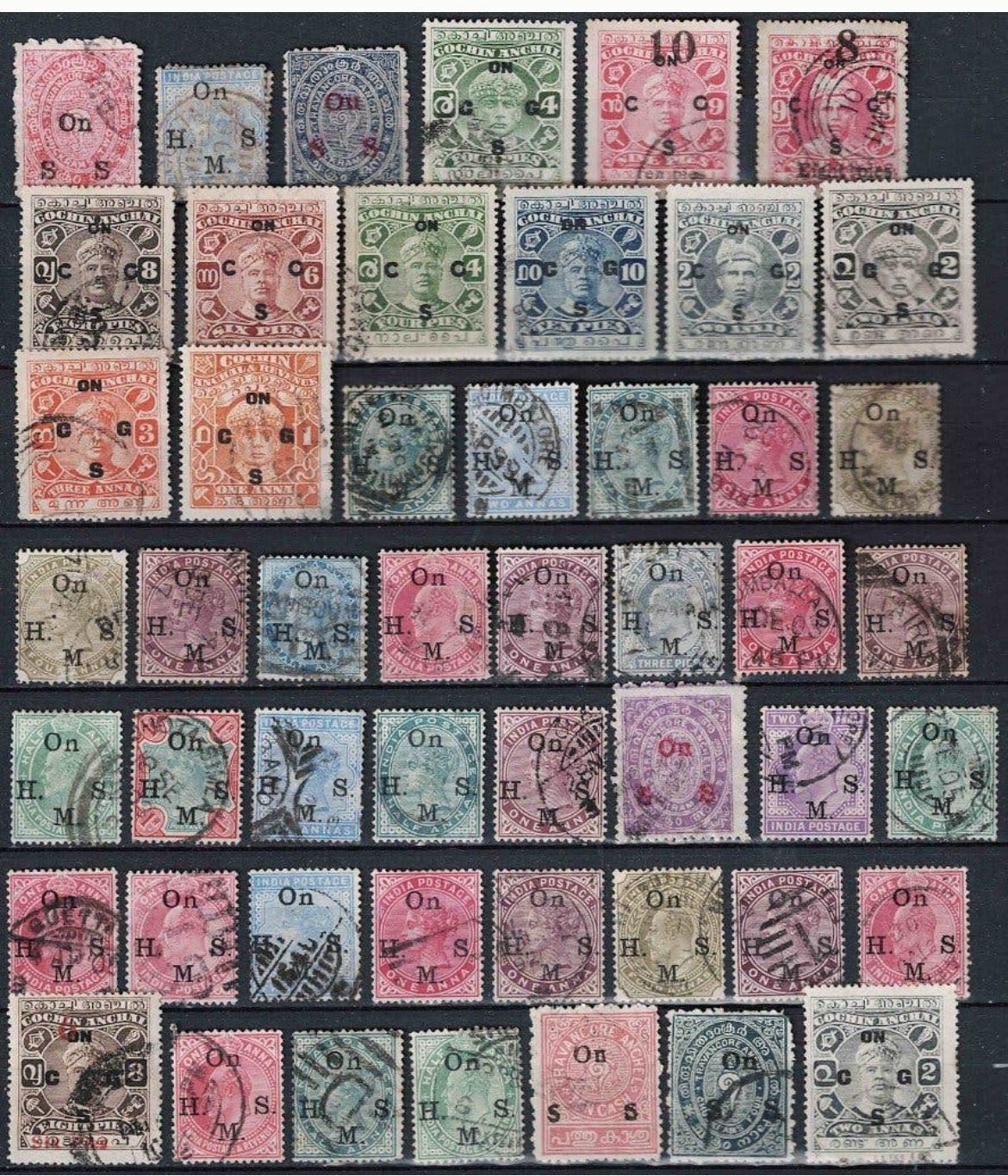 Mixed On H.S.M., Cochin and Travancore official stamps