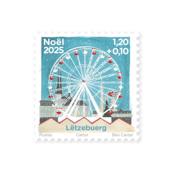 POST Philately Christmas 2025 definitive — the Winterlights Ferris wheel over Luxembourg City