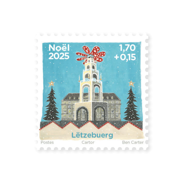 Christmas 2025 Esch-sur-Alzette stamp — Christmas pyramid in front of the city hall