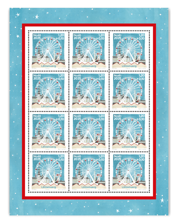 Christmas 2025 Luxembourg City — decorative sheet of 12 stamps with glow-in-the-dark borders