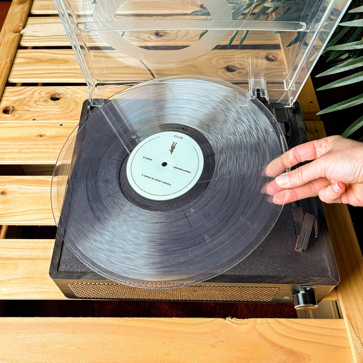 How to play the Liechtenstein music stamp — step 1: place a regular record on the turntable