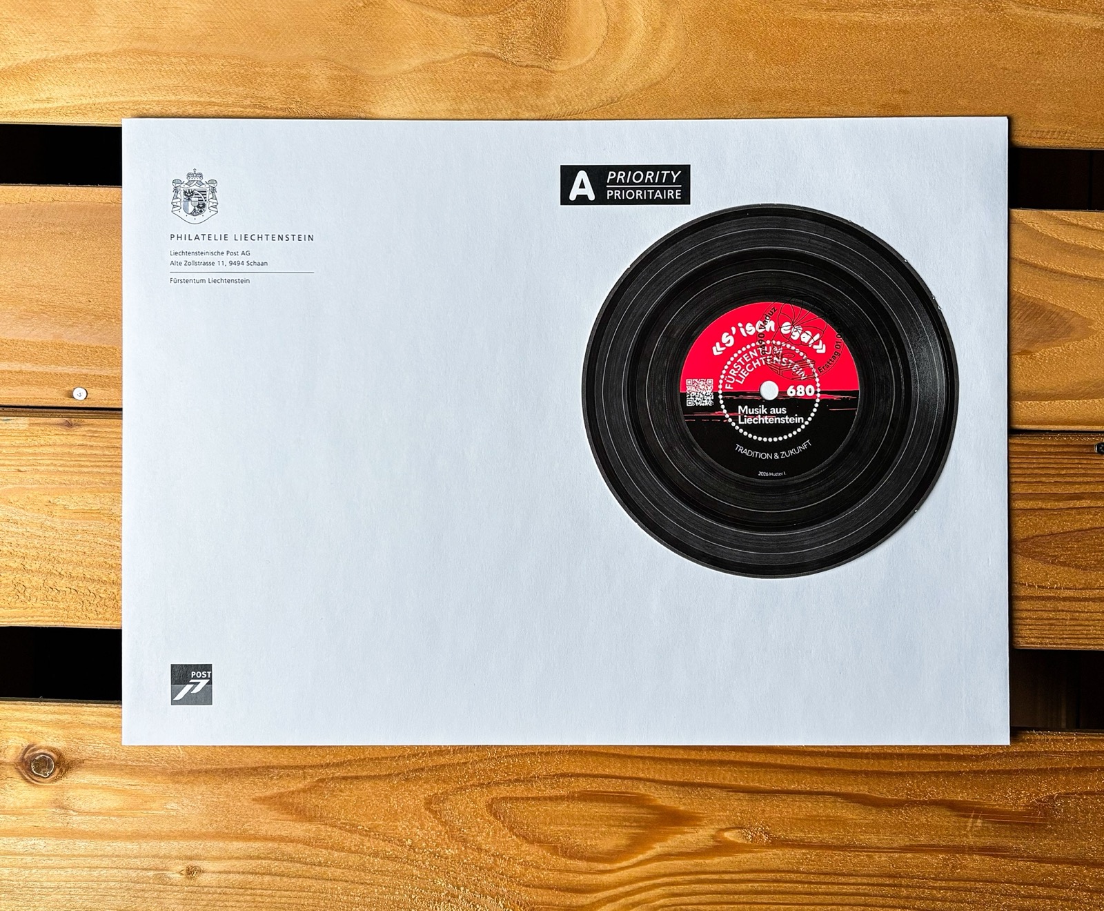 The Liechtenstein playable music stamp in use as a postage stamp on mail