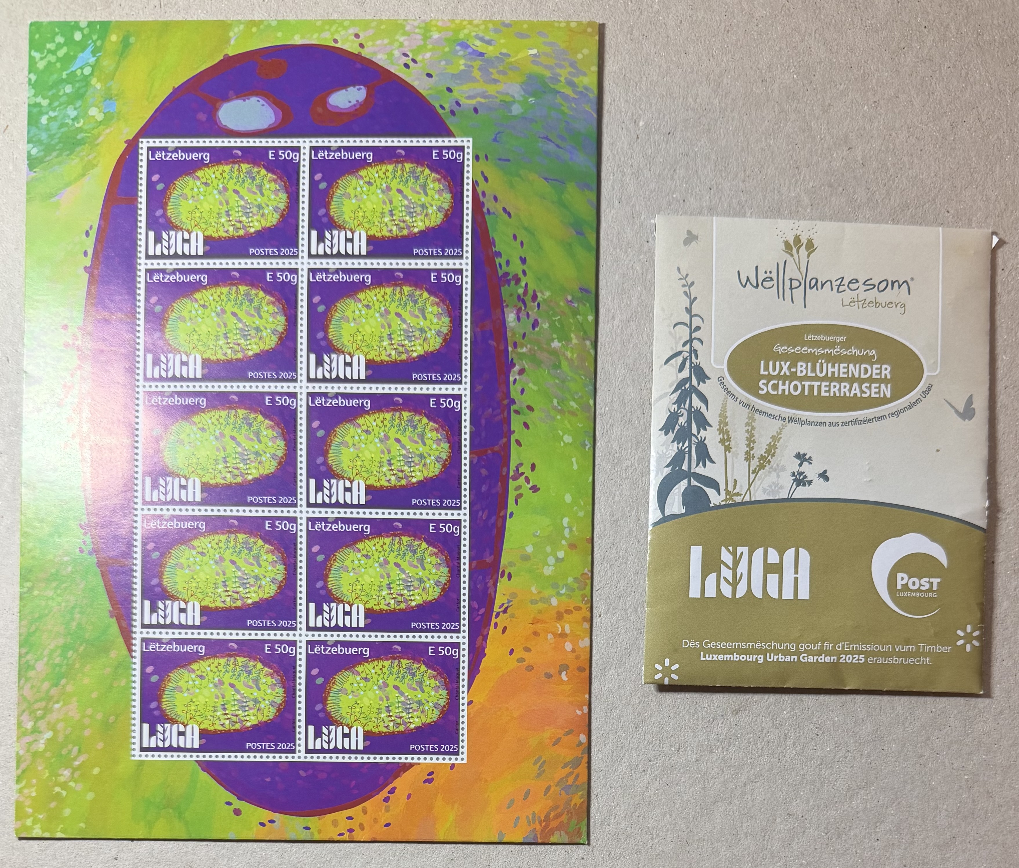 LUGA 2025 stamp sheet together with the SICONA wildflower seed packet