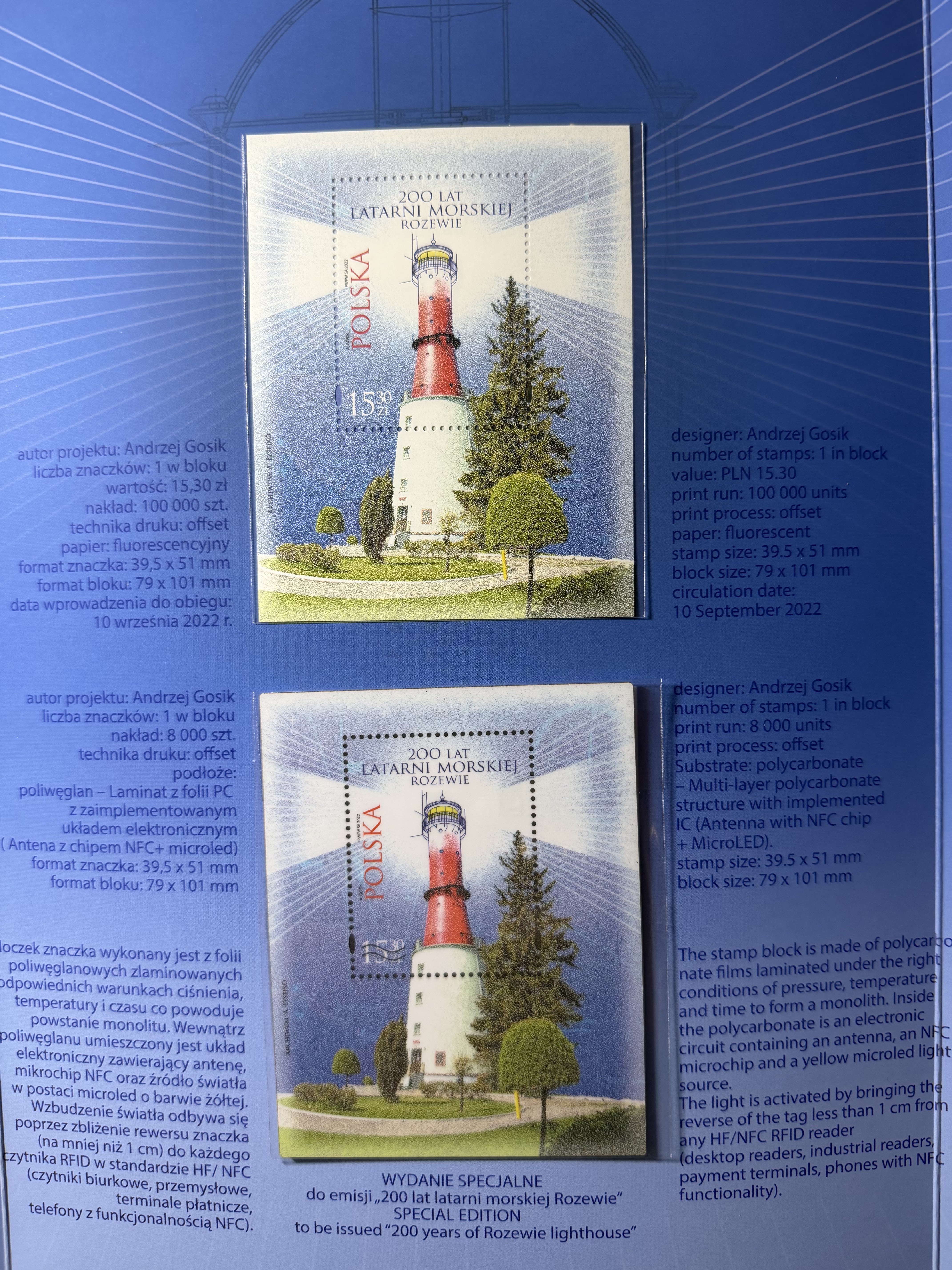 The illuminated NFC polycarbonate block inside the 2023 Rozewie lighthouse folder