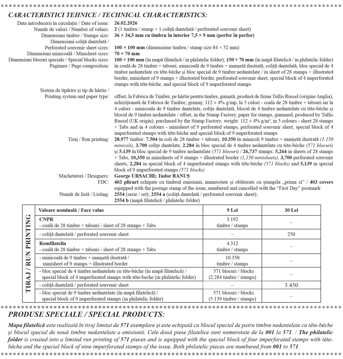 Technical characteristics and print run of the FIP 100 years issue