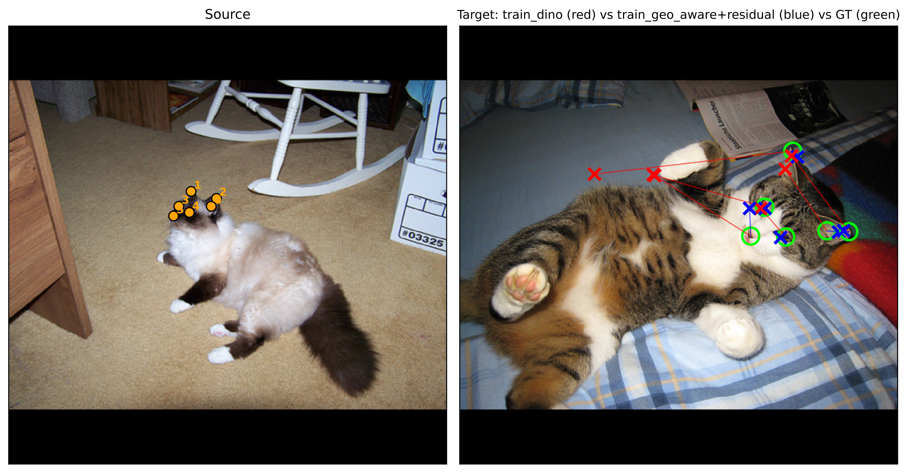 Cat correspondence example comparing plain DINO matches in red, geometry-aware matches in blue and ground truth in green