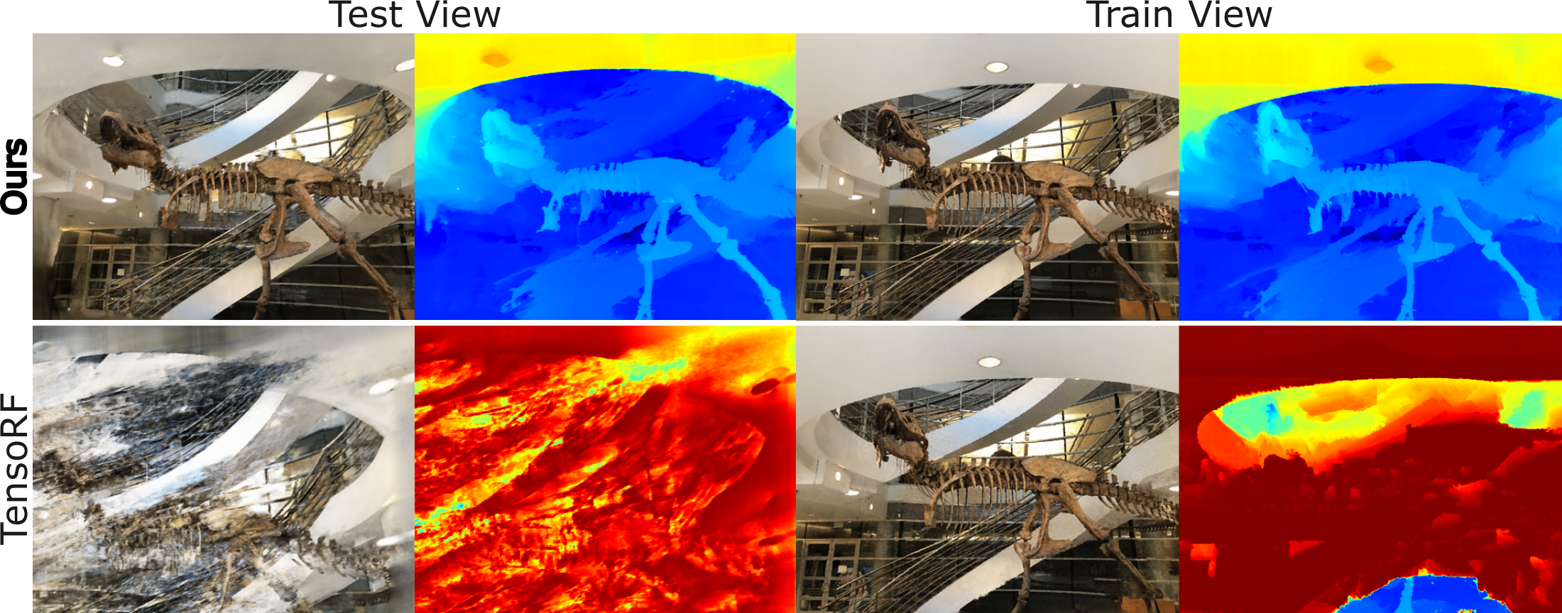 Held-out view on the left; training view on the right. Color and depth reveal different solutions.