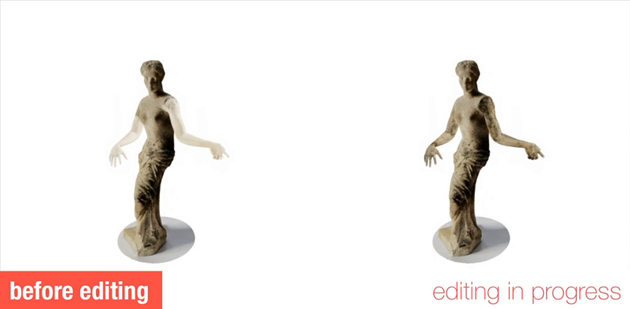 SeamlessNeRF demonstration: arms from another radiance field attached to a statue, before editing and with appearance propagated across the seam