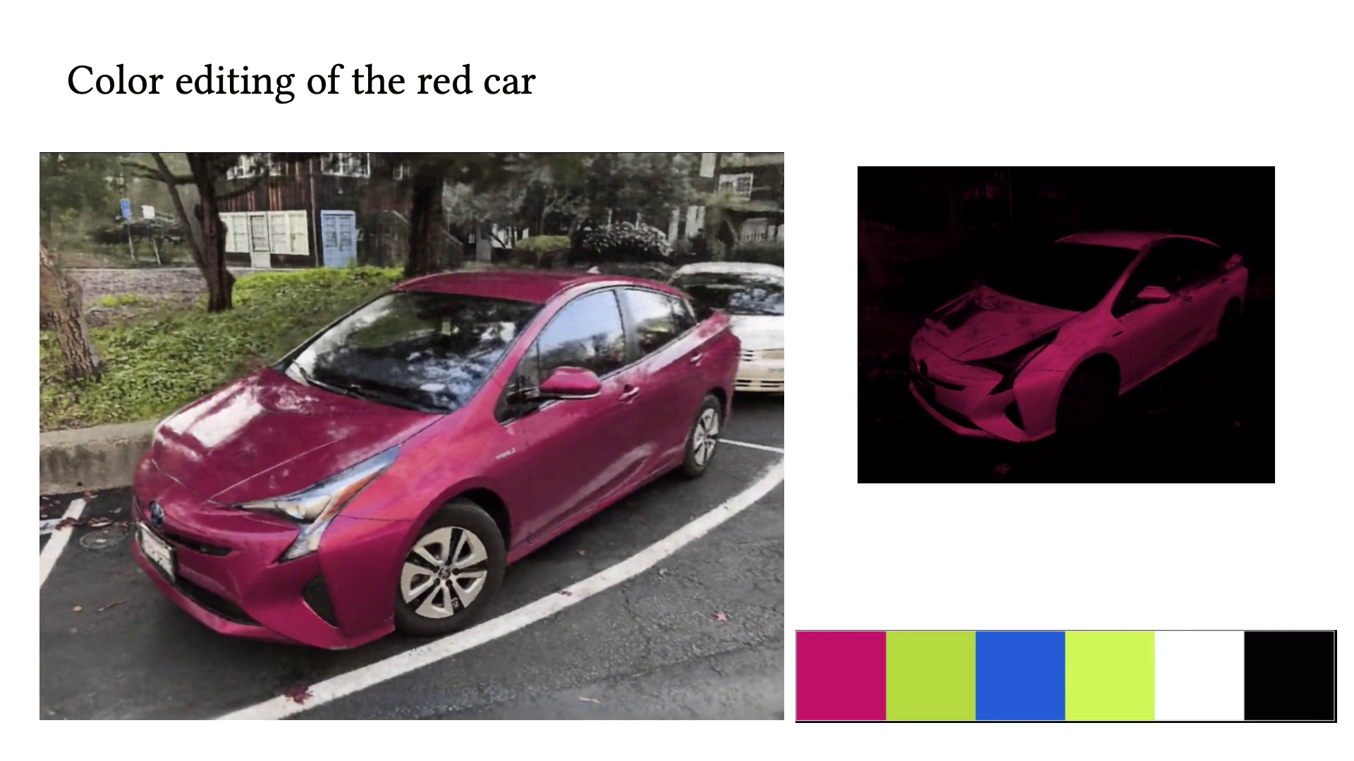 RecolorNeRF demonstration: editing a palette entry recolors the car; the active layer is shown at the right and the palette below