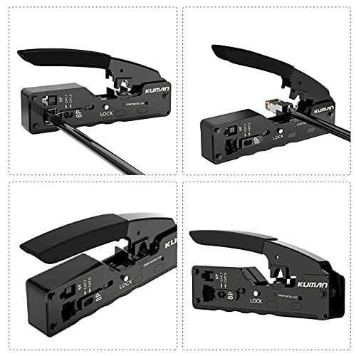 Kabelcrimpwerkzeug für Netzwerkinstallation in vier Ansichten