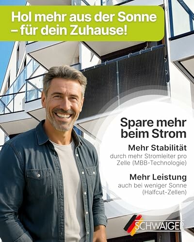 Mann vor modernem Gebäude mit Werbung für Solarenergie.