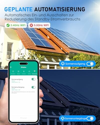 Haus mit Solarmodulen und Smartphone-App zur Automatisierung
