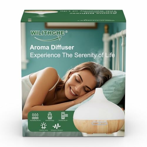 Frau entspannt neben Aroma-Diffuser auf Verpackung