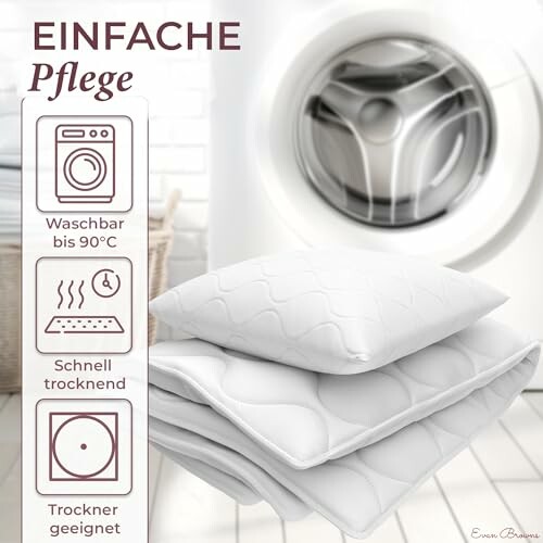 Bettwäsche mit Pflegehinweisen und Waschmaschine