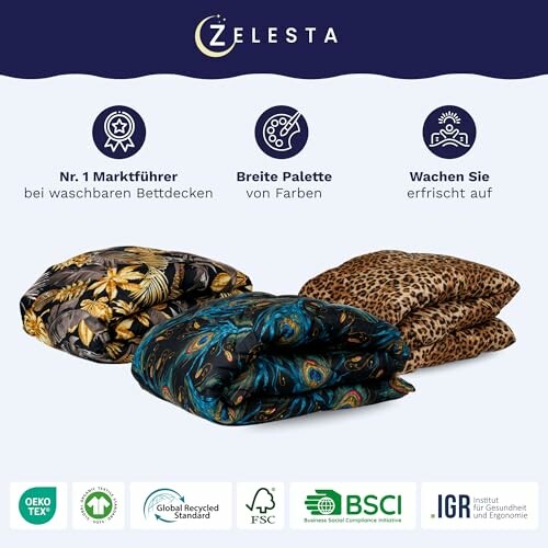 Drei Bettdecken mit verschiedenen Mustern und Zertifizierungen.