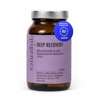 Braunes Glasfläschchen mit Etikett für Deep Recovery Nahrungsergänzungsmittel.