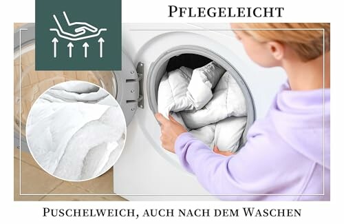 Person legt weiche Bettwäsche in die Waschmaschine