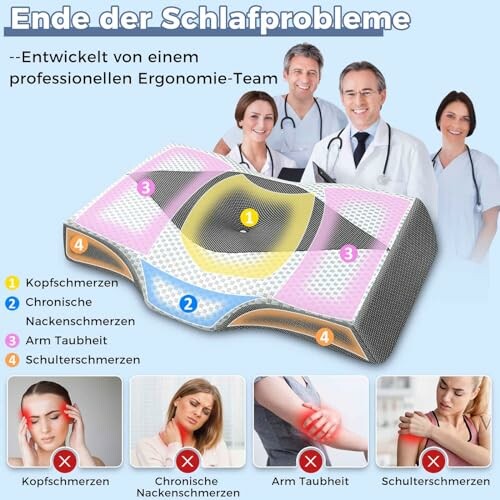 Ergonomisches Kissen zur Linderung von Schlafproblemen mit Ärzten im Hintergrund.