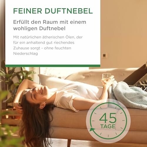 Frau entspannt auf Sofa mit Duftnebel und 45 Tage Text