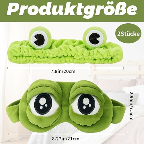 Grüne Augenmaske mit Froschaugen und Größenangaben.