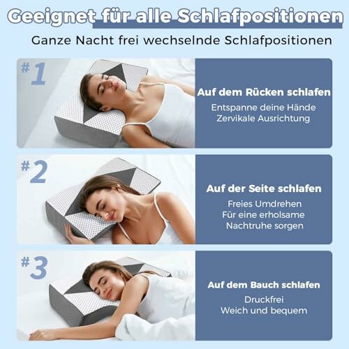 Frau schläft auf ergonomischem Kissen in verschiedenen Positionen.