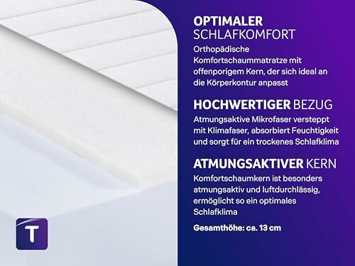Details einer orthopädischen Komfortschaummatratze mit atmungsaktivem Bezug und Kern.