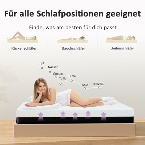 Frau liegt auf einer Matratze, geeignet für alle Schlafpositionen.