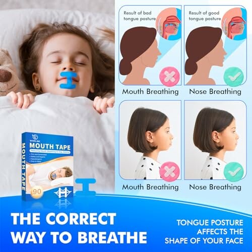 Kind schläft mit Mundband, Grafik zeigt Vorteile der Nasenatmung.