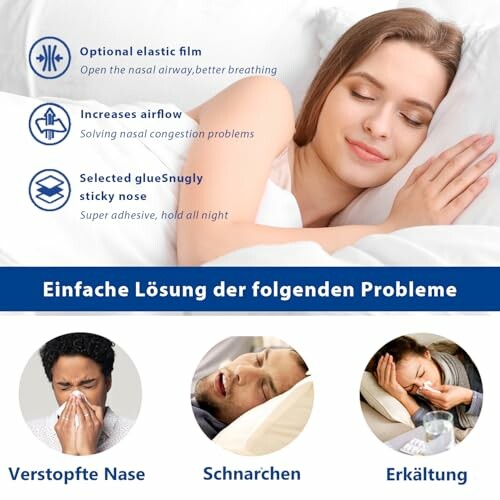 Frau verwendet Nasenstrips zur besseren Atmung im Schlaf.