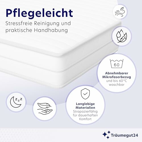 Pflegeleichte Matratze mit abnehmbarem Bezug, waschbar bis 60°C, langlebige Materialien.